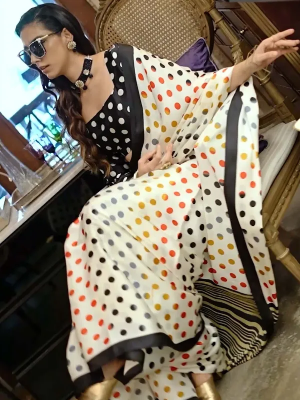 Elegant_Patola-Print_Satin_Crepe_Saree_-_Black_with_Multicolor_Dots