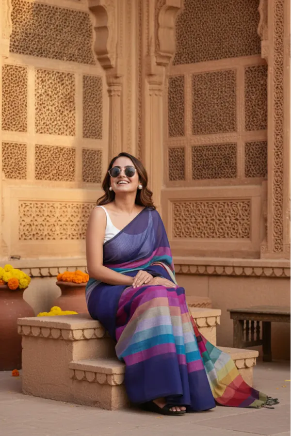 Elegant_Multi_Rainbow_Women's_Linen_Printed_Saree_With_Unstitched_Blouse_