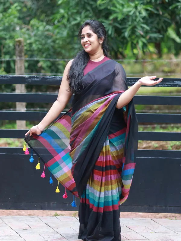 Elegant_Multi_Rainbow_Women's_Linen_Printed_Saree_With_Unstitched_Blouse_