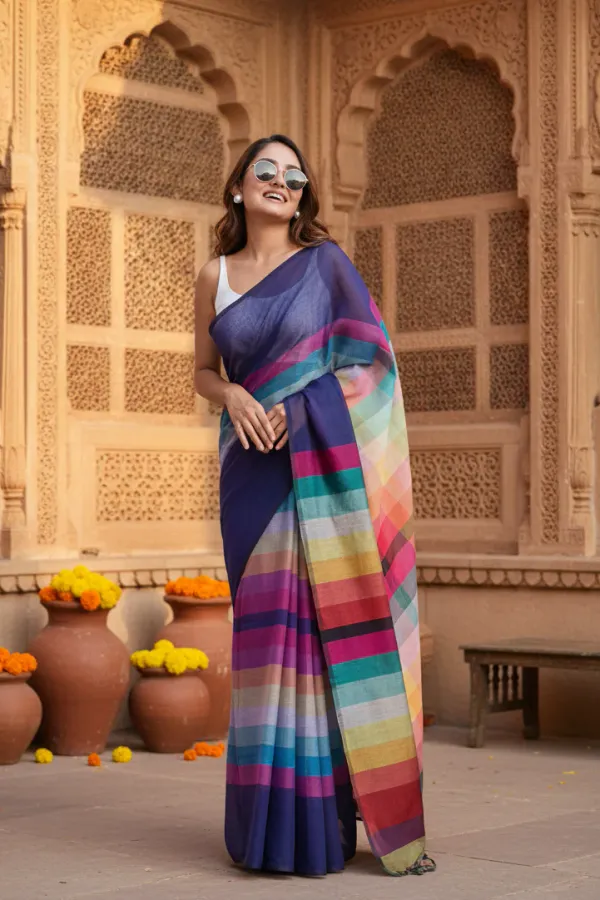 Elegant_Multi_Rainbow_Women's_Linen_Printed_Saree_With_Unstitched_Blouse_