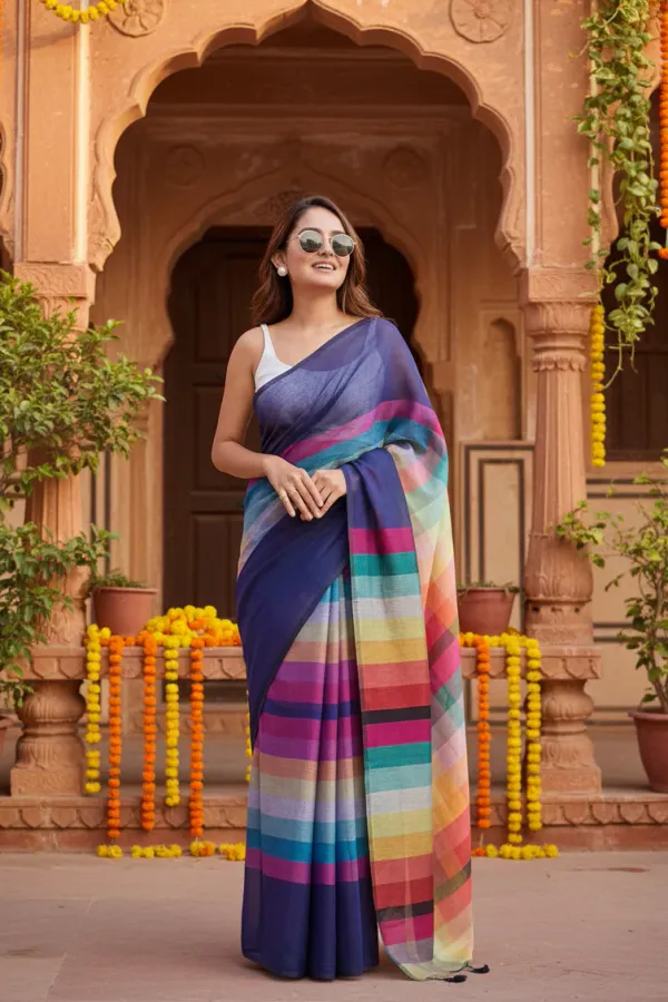 Elegant_Multi_Rainbow_Women's_Linen_Printed_Saree_With_Unstitched_Blouse_