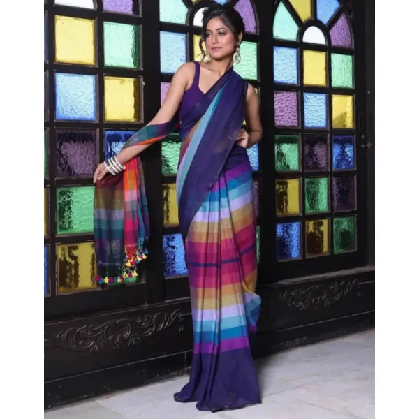 Elegant_Multi_Rainbow_Women's_Linen_Printed_Saree_With_Unstitched_Blouse_