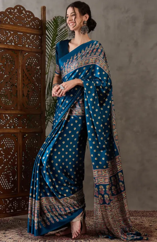 Premium_blue_Printed_Ajarakh_Satin_Saree