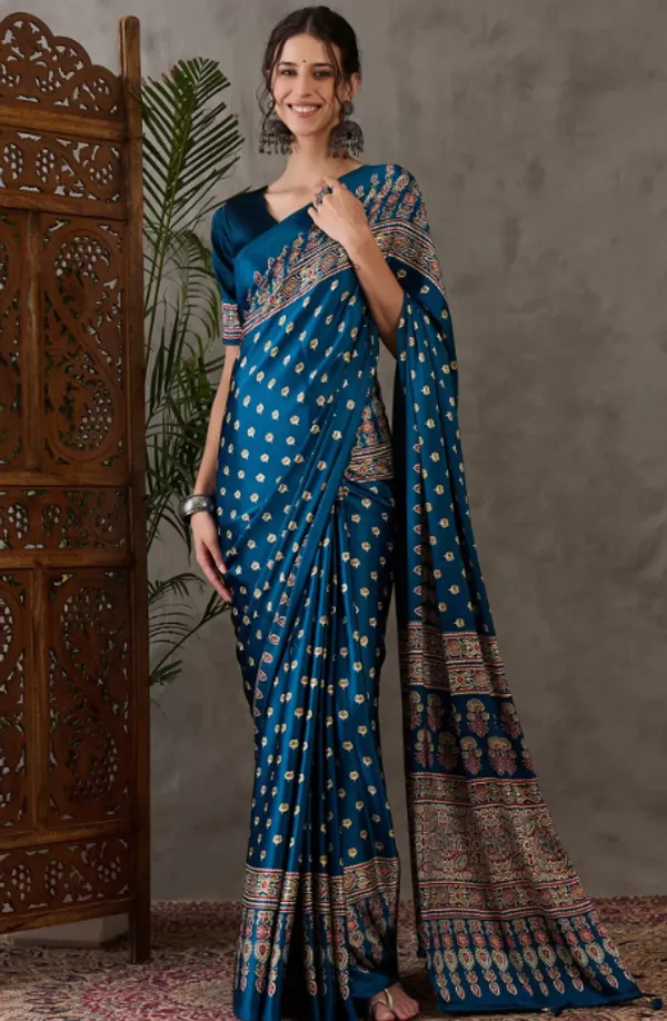Premium_blue_Printed_Ajarakh_Satin_Saree