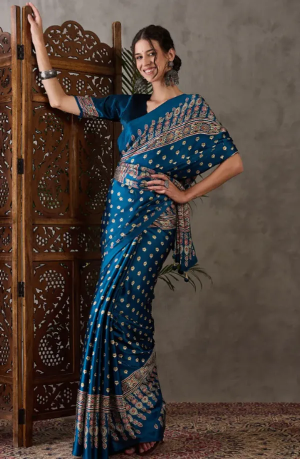 Premium_blue_Printed_Ajarakh_Satin_Saree