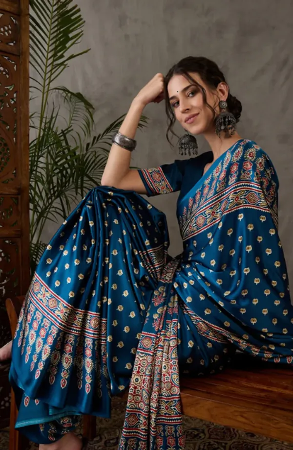 Premium_blue_Printed_Ajarakh_Satin_Saree