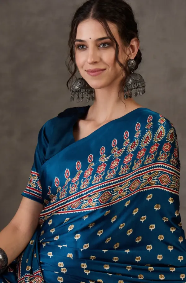 Premium_blue_Printed_Ajarakh_Satin_Saree