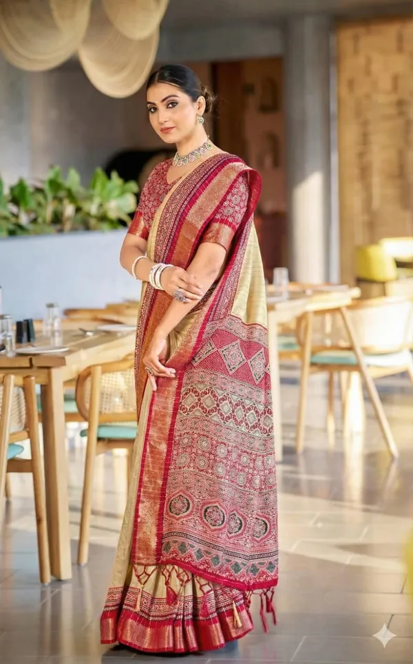 Maroon_And_Cream_Ajrakh_Pashmina_Modal_silk_Saree