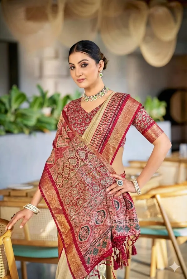 Maroon_And_Cream_Ajrakh_Pashmina_Modal_silk_Saree