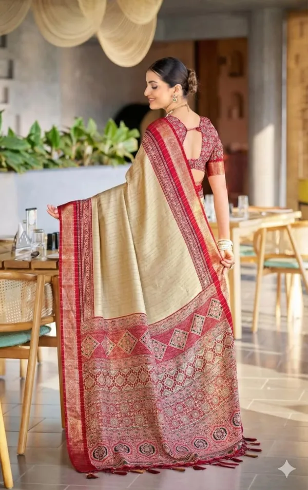 Maroon_And_Cream_Ajrakh_Pashmina_Modal_silk_Saree