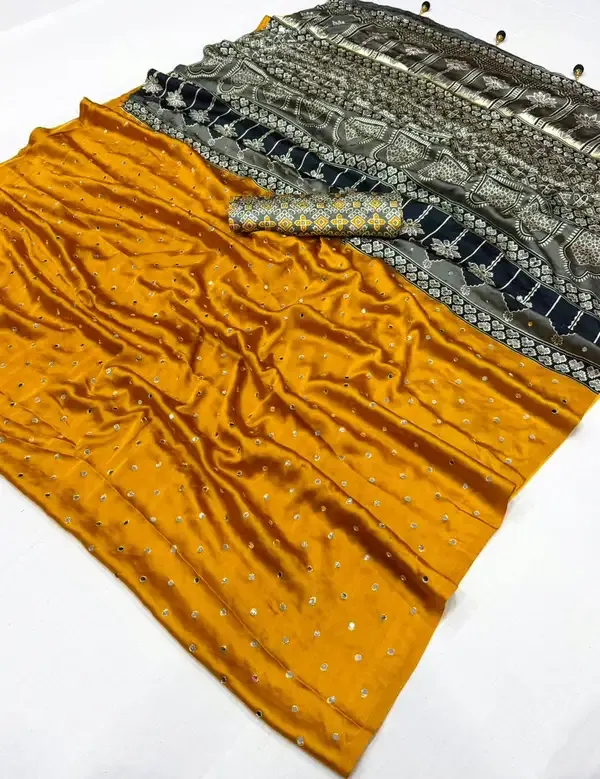 Mustard_Yellow_Ajrakh_Pallu_Mirror_Work_Saree