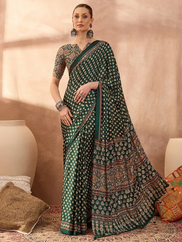 Green_Lotus_Ajrakh_Mirror_Work_Saree_with_Blouse