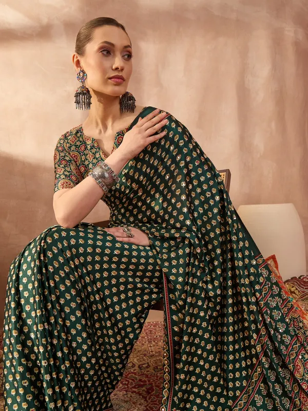 Green_Lotus_Ajrakh_Mirror_Work_Saree_with_Blouse