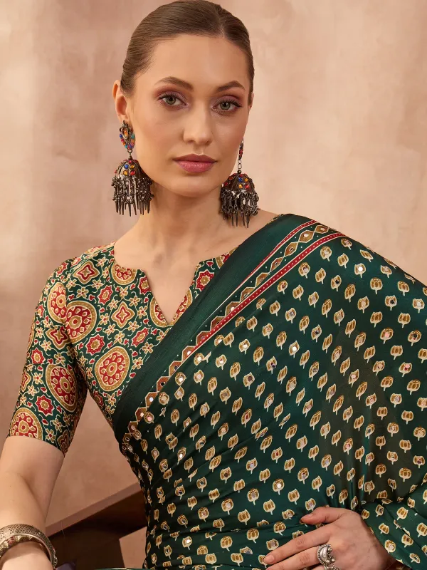 Green_Lotus_Ajrakh_Mirror_Work_Saree_with_Blouse