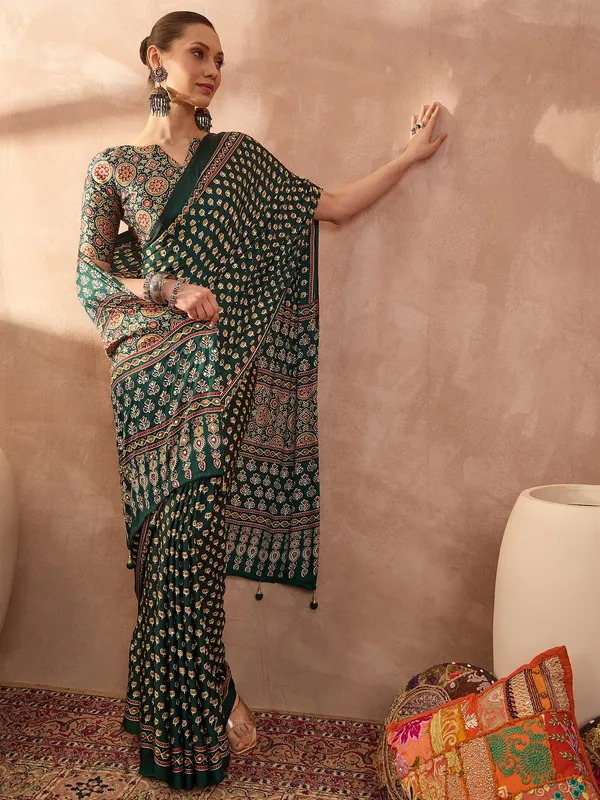 Green_Lotus_Ajrakh_Mirror_Work_Saree_with_Blouse