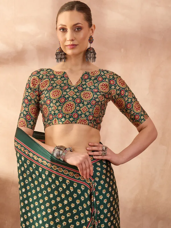 Green_Lotus_Ajrakh_Mirror_Work_Saree_with_Blouse