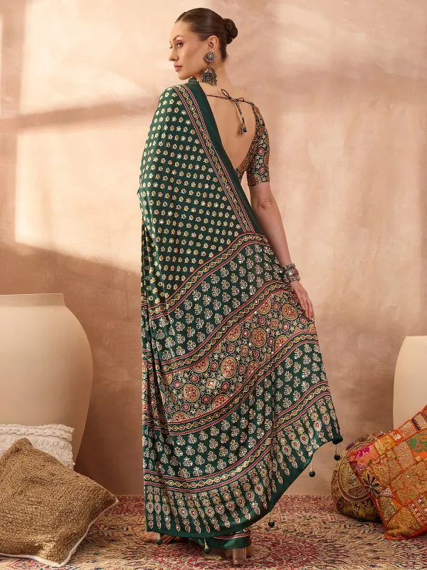 Green_Lotus_Ajrakh_Mirror_Work_Saree_with_Blouse