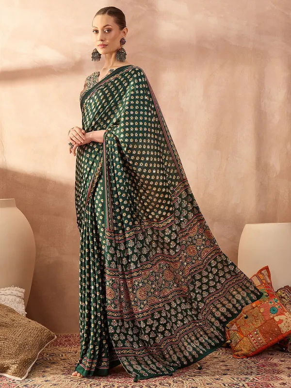 Green_Lotus_Ajrakh_Mirror_Work_Saree_with_Blouse