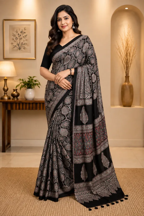 Black_&_Grey_Ajrakh__Silk_Saree