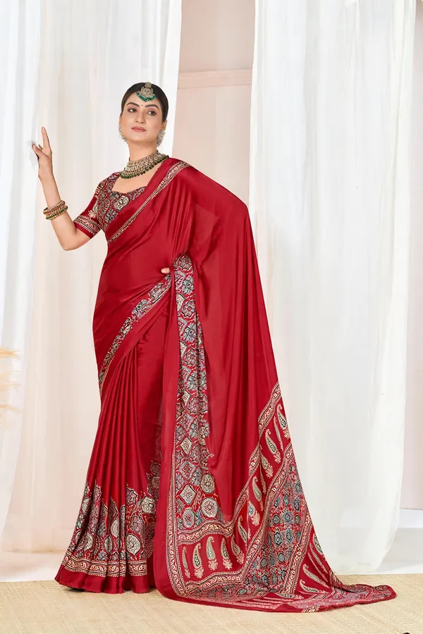 Maroon_Ajrakh_Printed_Modal_Silk_Plain_Saree_With_Ajrakh_Blouse
