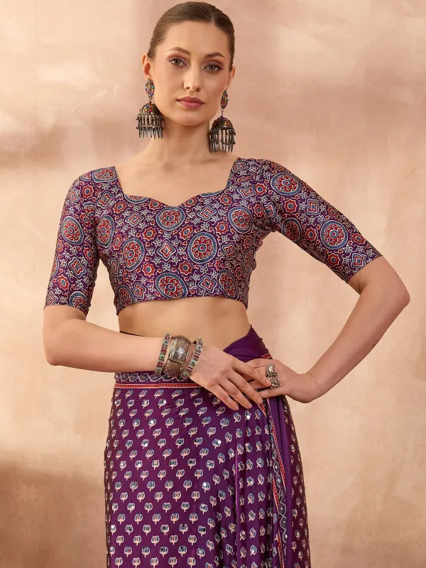 Purple_Lotus_Ajrakh__Mirror_Work_Saree_With_Blouse__