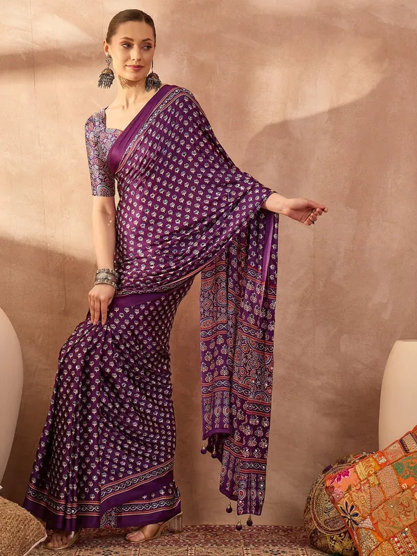 Purple_Lotus_Ajrakh__Mirror_Work_Saree_With_Blouse__