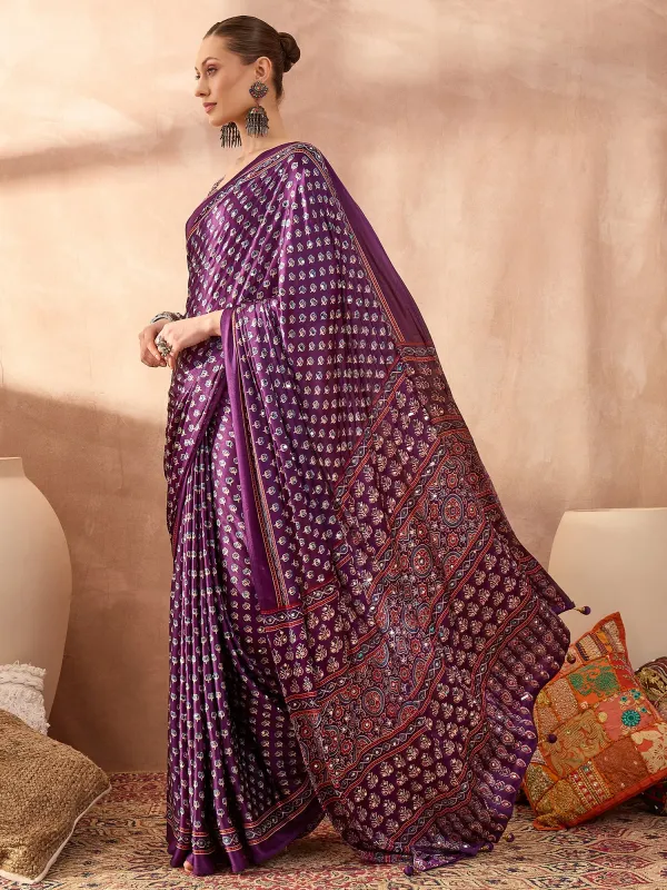 Purple_Lotus_Ajrakh__Mirror_Work_Saree_With_Blouse__