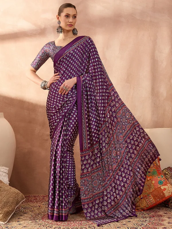 Purple_Lotus_Ajrakh__Mirror_Work_Saree_With_Blouse__