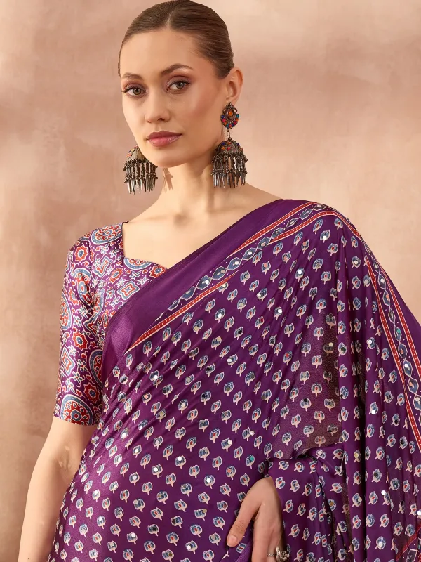 Purple_Lotus_Ajrakh__Mirror_Work_Saree_With_Blouse__