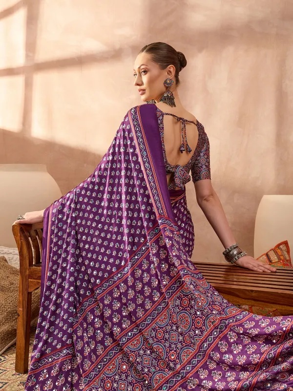Purple_Lotus_Ajrakh__Mirror_Work_Saree_With_Blouse__