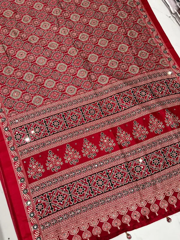 Amazing_Redis_Maroon_Ajrakh_Real_Mirror_Pashmina_Modal_Silk_Saree_With_Blouse