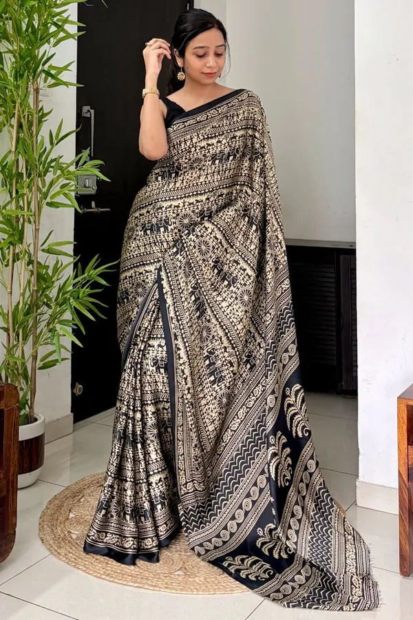 Black_Cat_Modal_Satin_Kalamkari_Printed_Saree
