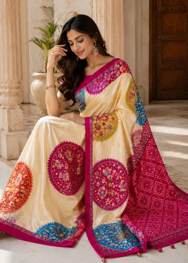 CREAM_AND_RANI_PATOLA__AJRAKH_REAL_MIRROR_MODAL_SILK_SAREE_WITH_BLOUSE