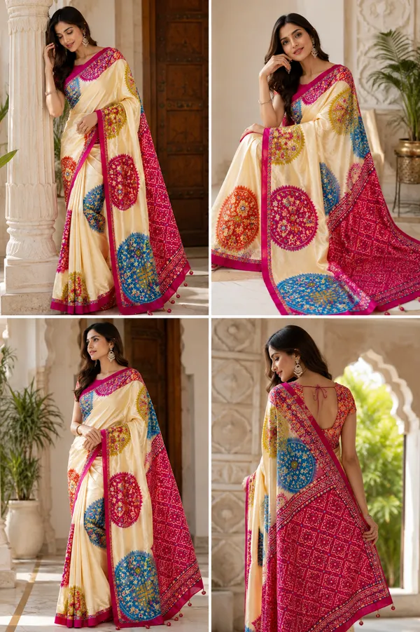 CREAM_AND_RANI_PATOLA__AJRAKH_REAL_MIRROR_MODAL_SILK_SAREE_WITH_BLOUSE