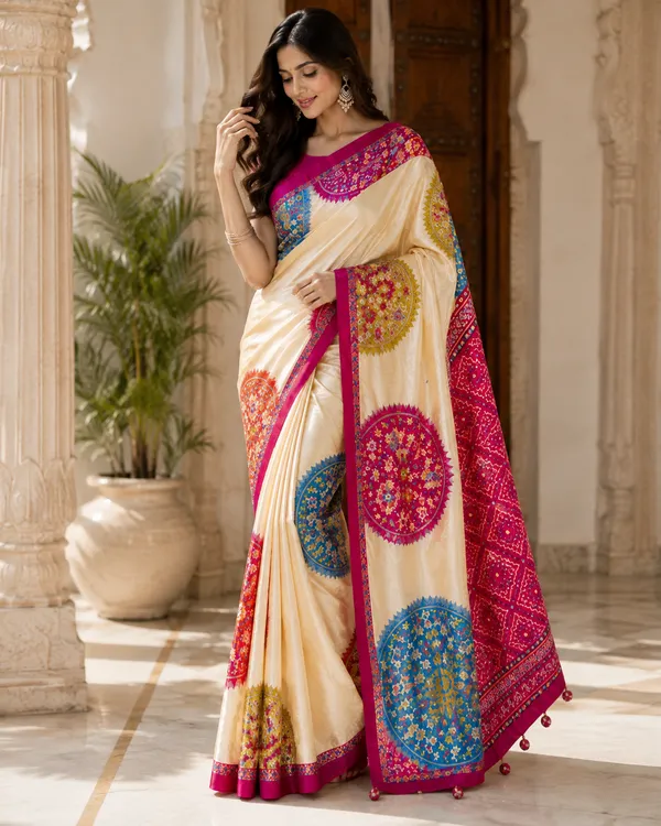 CREAM_AND_RANI_PATOLA__AJRAKH_REAL_MIRROR_MODAL_SILK_SAREE_WITH_BLOUSE
