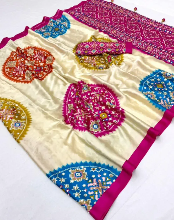 CREAM_AND_RANI_PATOLA__AJRAKH_REAL_MIRROR_MODAL_SILK_SAREE_WITH_BLOUSE