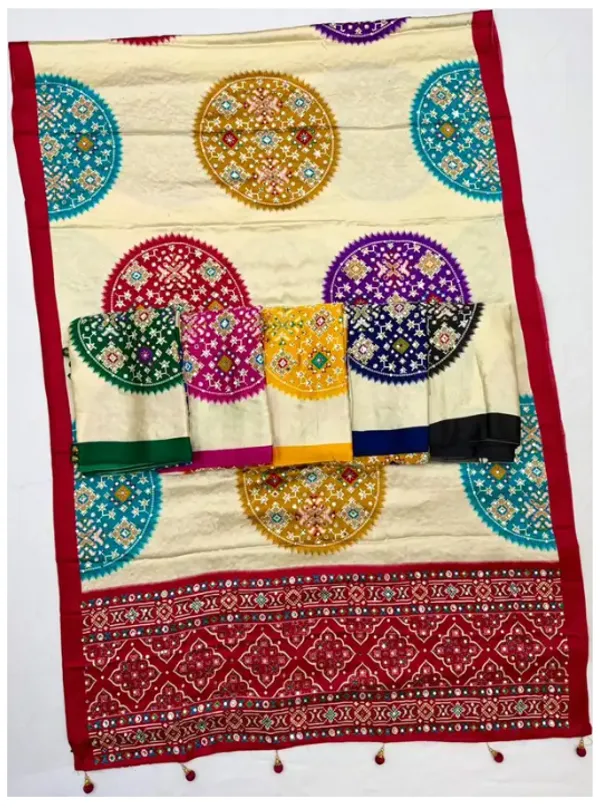 CREAM_AND_GREEN__PATOLA__AJRAKH_REAL_MIRROR_MODAL_SILK_SAREE_WITH_BLOUSE