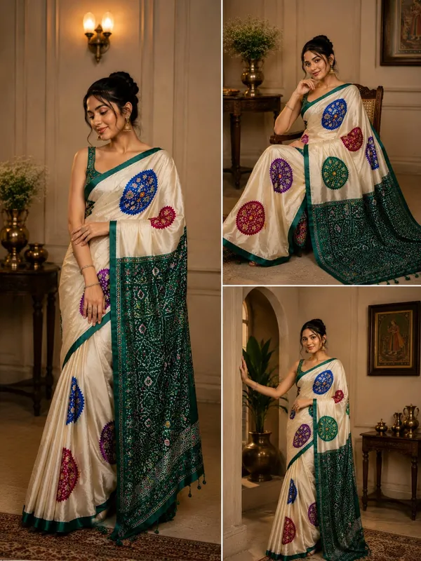 CREAM_AND_GREEN__PATOLA__AJRAKH_REAL_MIRROR_MODAL_SILK_SAREE_WITH_BLOUSE