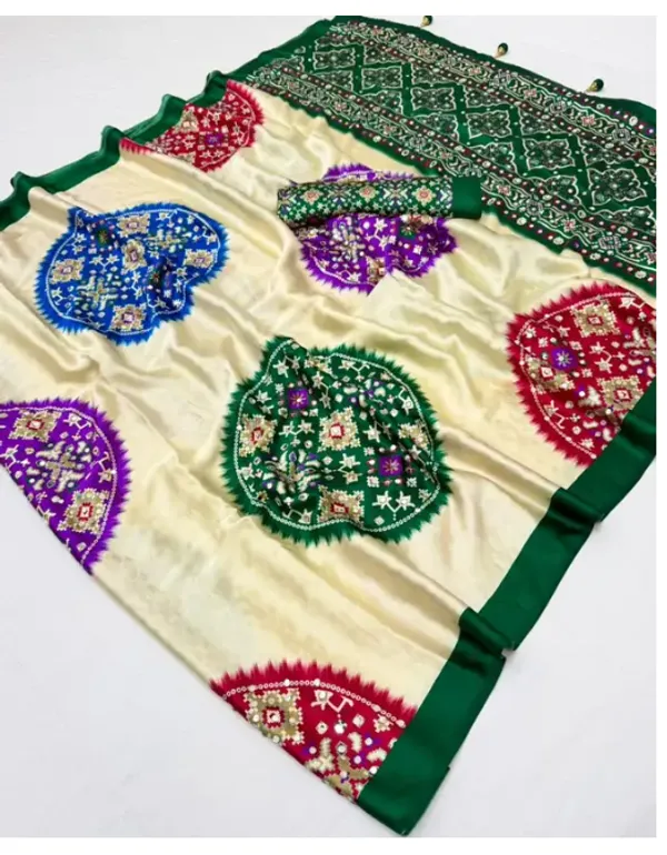 CREAM_AND_GREEN__PATOLA__AJRAKH_REAL_MIRROR_MODAL_SILK_SAREE_WITH_BLOUSE