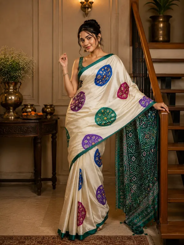 CREAM_AND_GREEN__PATOLA__AJRAKH_REAL_MIRROR_MODAL_SILK_SAREE_WITH_BLOUSE