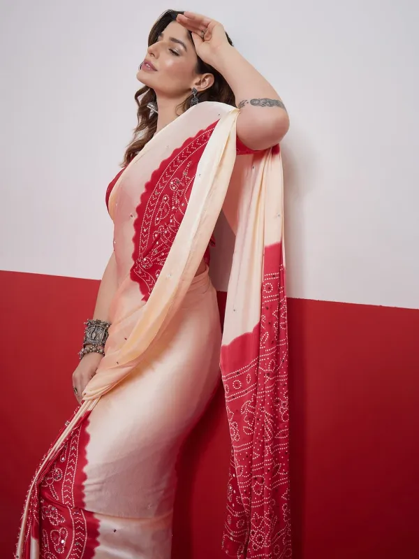 Cream__Bandhani_Ajrakh_Real_Mirror_Modal_Silk_Saree_With_Blouse_
