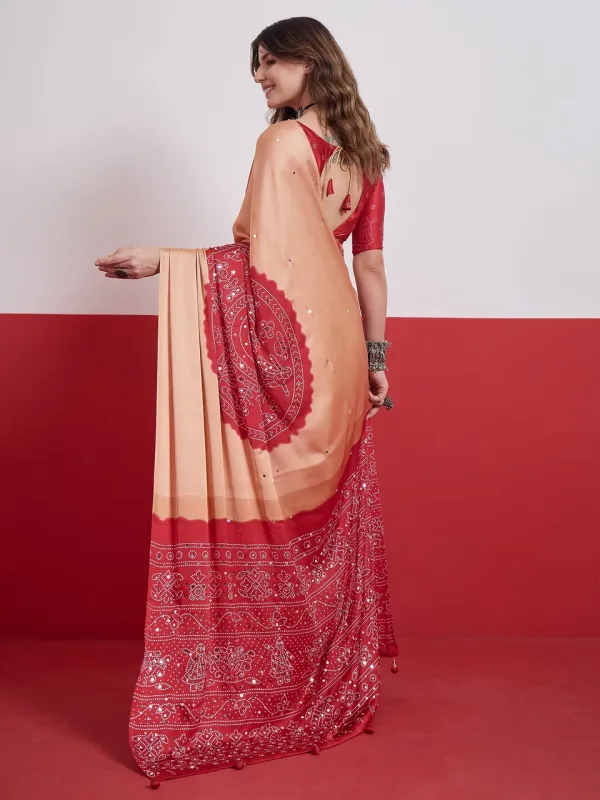 Cream__Bandhani_Ajrakh_Real_Mirror_Modal_Silk_Saree_With_Blouse_