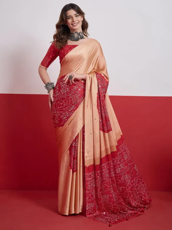 Cream__Bandhani_Ajrakh_Real_Mirror_Modal_Silk_Saree_With_Blouse_