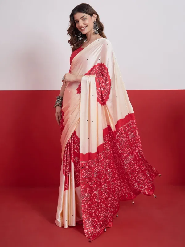 Cream__Bandhani_Ajrakh_Real_Mirror_Modal_Silk_Saree_With_Blouse_