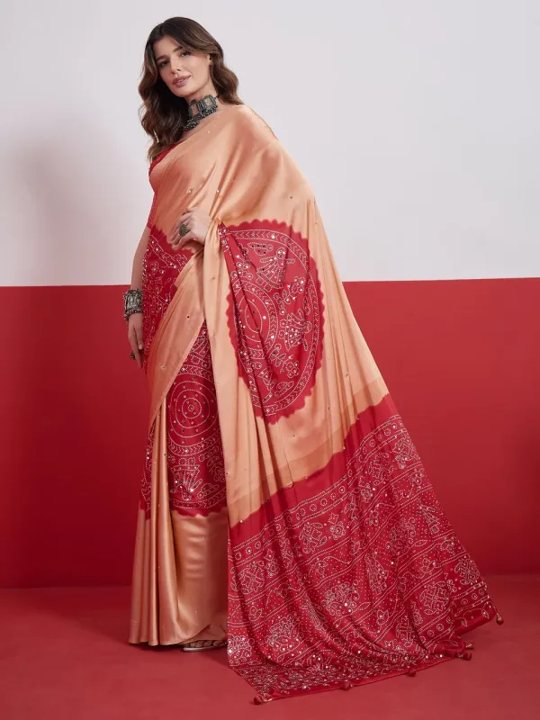 Cream__Bandhani_Ajrakh_Real_Mirror_Modal_Silk_Saree_With_Blouse_
