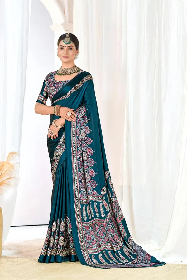 Indigo_Morpich_Ajrakh_Printed_Modal_Silk_Plain_Saree_With_Ajrakh_Blouse