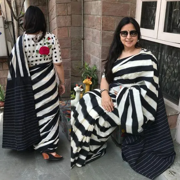 BLACK_WHITE_LINING_LOTUS_PRINT_BLOUSE_SAREE