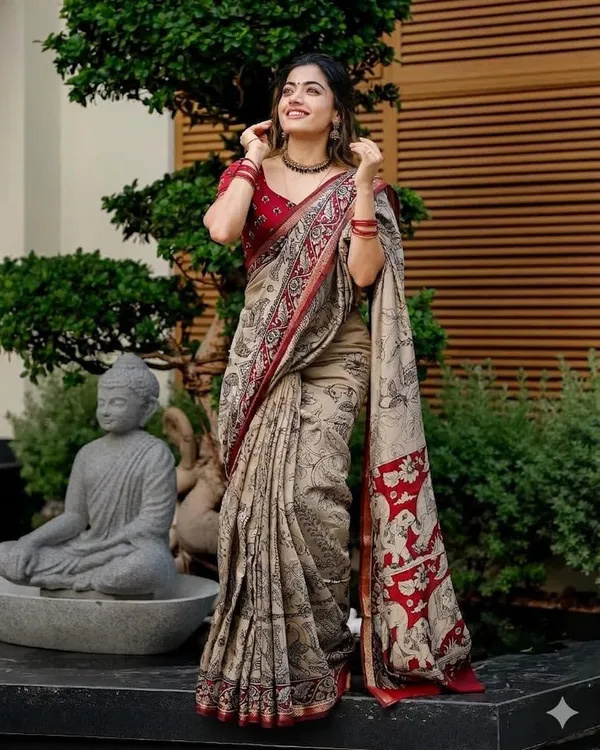 TRADITIONAL_REDCREAM__KALAMKARI_PALLU_SAREE