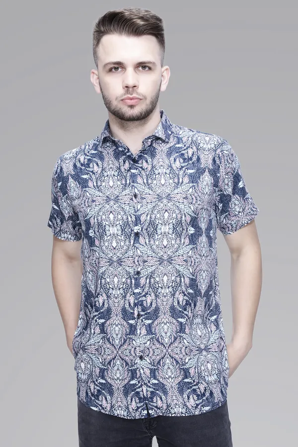 Blue_Rayon_Leaf_Slim_Fit_Half_Sleeve_Shirt_For_Men