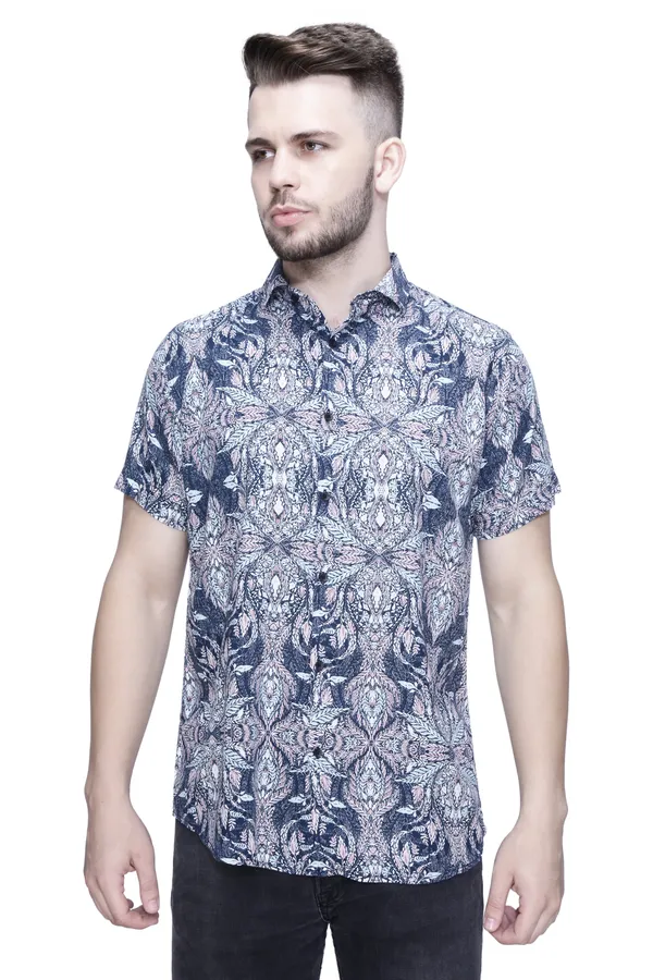 Blue_Rayon_Leaf_Slim_Fit_Half_Sleeve_Shirt_For_Men